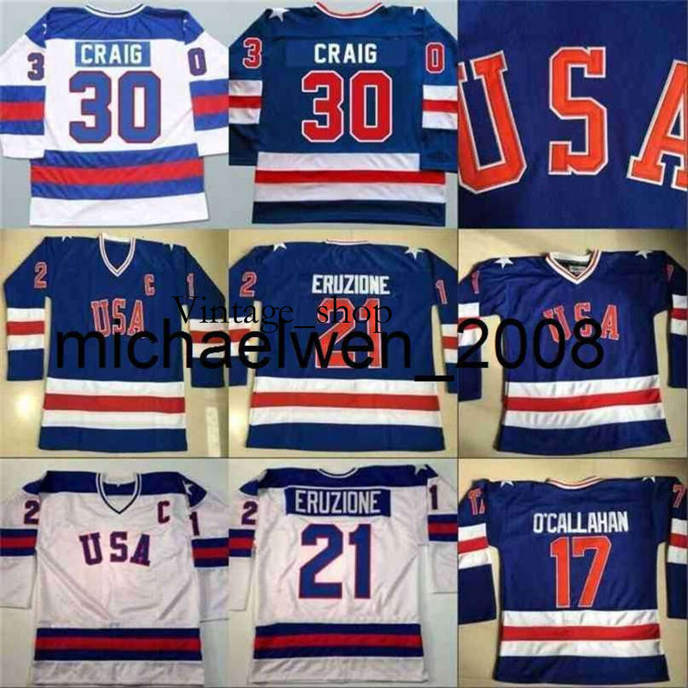 Vin Weng 1980 Miracle On Ice Hockey Jersey #17 Jack O'Callahan #21 Mike Eruzione #30 Jim Craig Men's 100% Stitched Team US Hockey Jerseys Blue