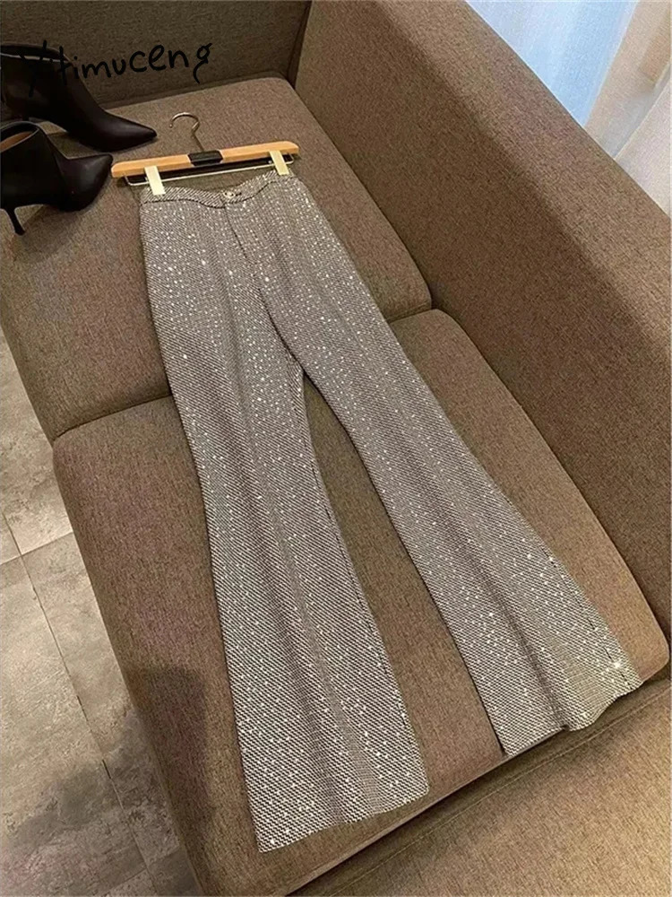 Yitimuceng Sequins Women Suits Office Sets Fashion Slim Single Button Turn Down Collar Blazers Vintage Flare Pants 240423