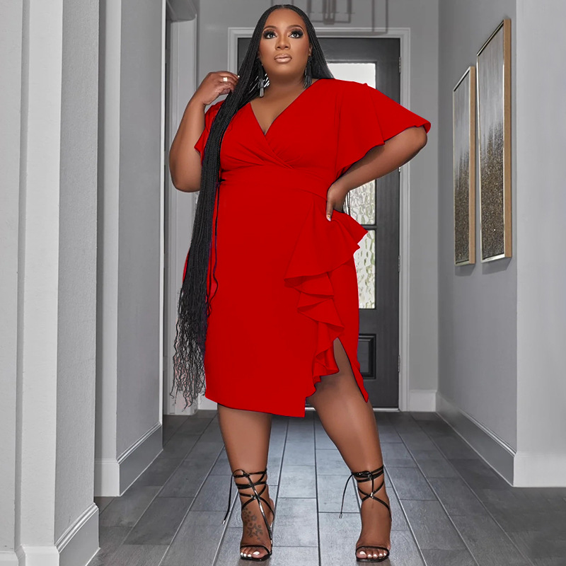 Women Plus Size Dresses Sexy V Neck Bodycon Party Dress Short Sleeve Wrap Empire Mermaid Midi Club Dresses
