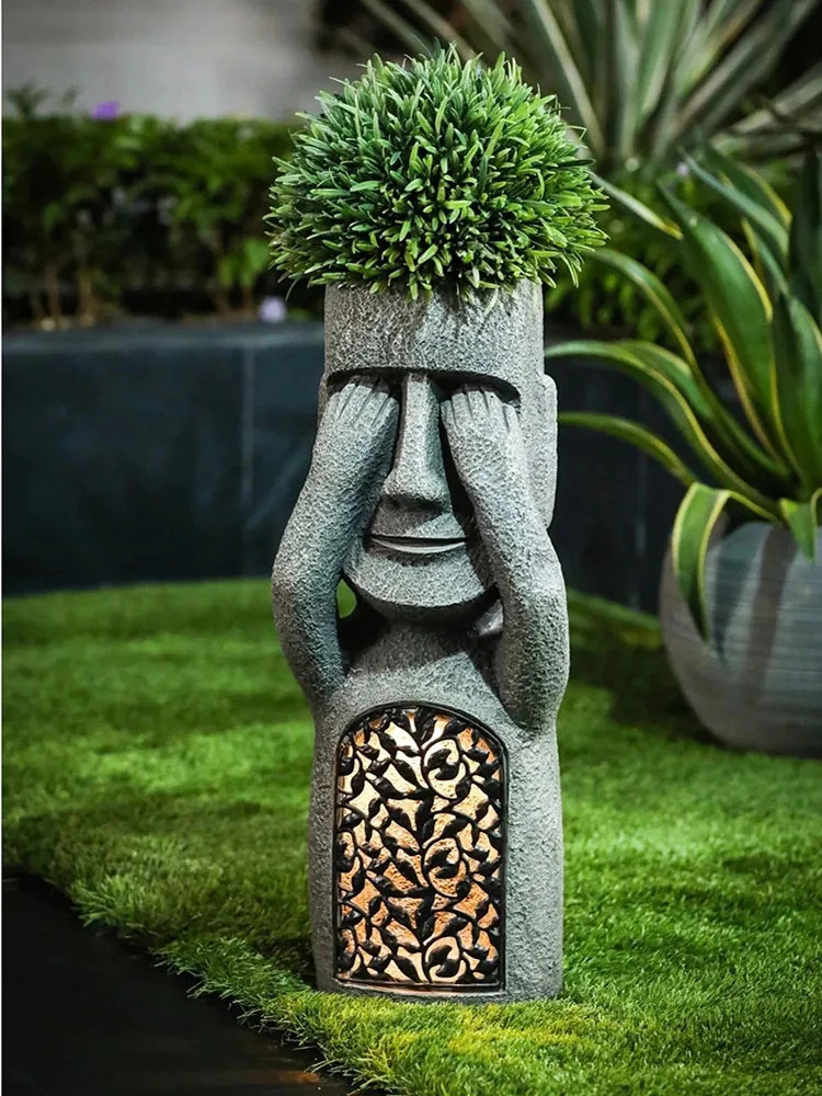 Easter Island Garden Statues Resin See Hear Speak No Evil Garden Ornaments Solar Home Sculpture Outdoor Decoration Sculptures 240511