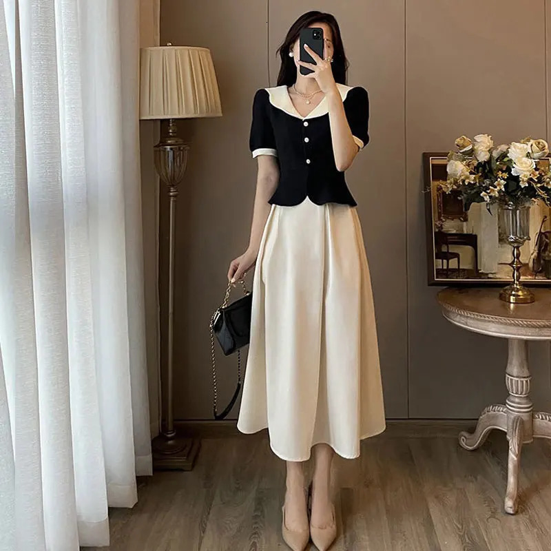 Summer Elegant Women Skirt Sets Retro Office Lady Outifits Puff Sleeve Black Top A Line Skirts Korean Fashion Sweet Hepburn Suit 240423