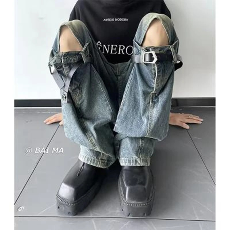 Mens Jeans Vintage Knee Destroyed Ripped Jeans streetwear Slim fit Pants beggar Hole Hip Hop denim trousers Men y2k jeans 240429