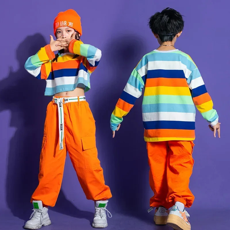 Girls Striped Crop Top Cargo Pants Boys Hip Hop Rainbow Tshirt Loose Street Dance Shorts Children Streetwear Kids Jazz Costumes 240510