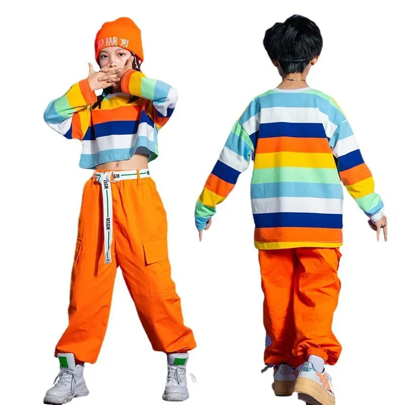Girls Striped Crop Top Cargo Pants Boys Hip Hop Rainbow Tshirt Loose Street Dance Shorts Children Streetwear Kids Jazz Costumes 240510