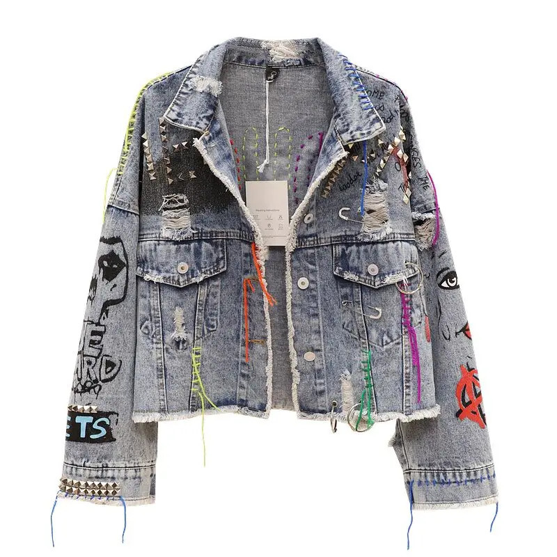 Spring Autumn Women Street Fashion Graffiti Denim Jacket Female Personality Short Raw Cut Rivet Fringe Jean Coat 240423