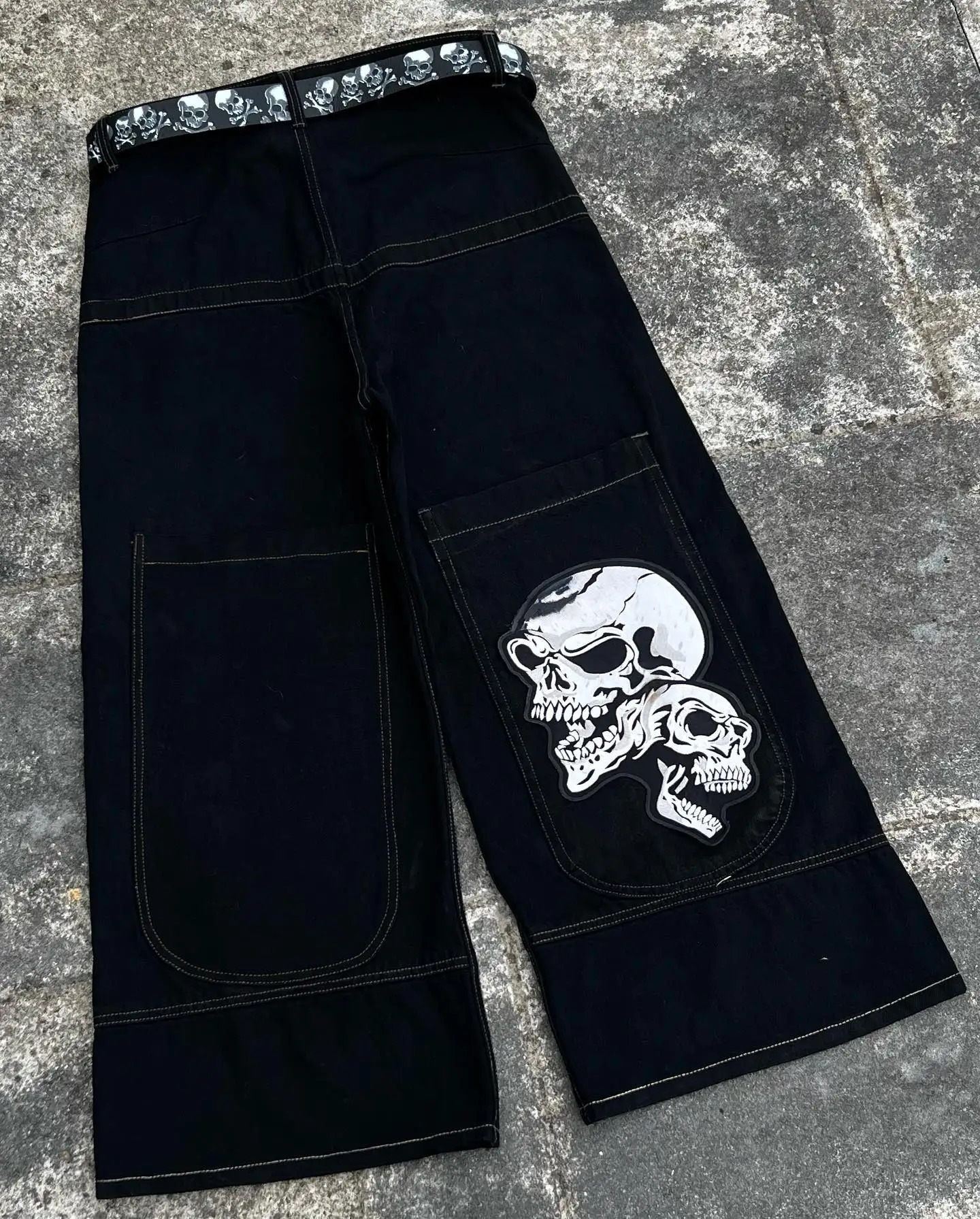Jeans Men Hip Hop Punk Skull Print Baggy Y2k Low Rise Wide Leg Denim Trousers Harajuku Black Casual Pants Loose Goth Streetwear 240429