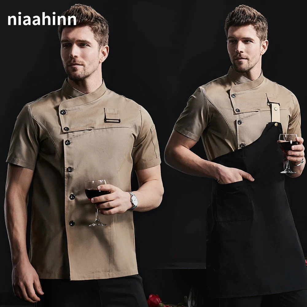 Unisex Catering Coat Chef Uniform Breathable Kitchen Cooking Jacket Restaurant el Cafe Barber Shop Waiter Work Shirt Apron 240430