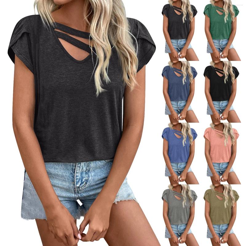 Womens T Shirts Spring And Summer Solid V-Neck Petal Sleeves Loose T-Shirt Top Women Fashion Blouse 2024 Shirt For Cloth