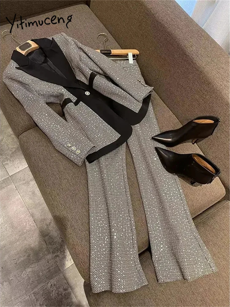 Yitimuceng Sequins Women Suits Office Sets Fashion Slim Single Button Turn Down Collar Blazers Vintage Flare Pants 240423