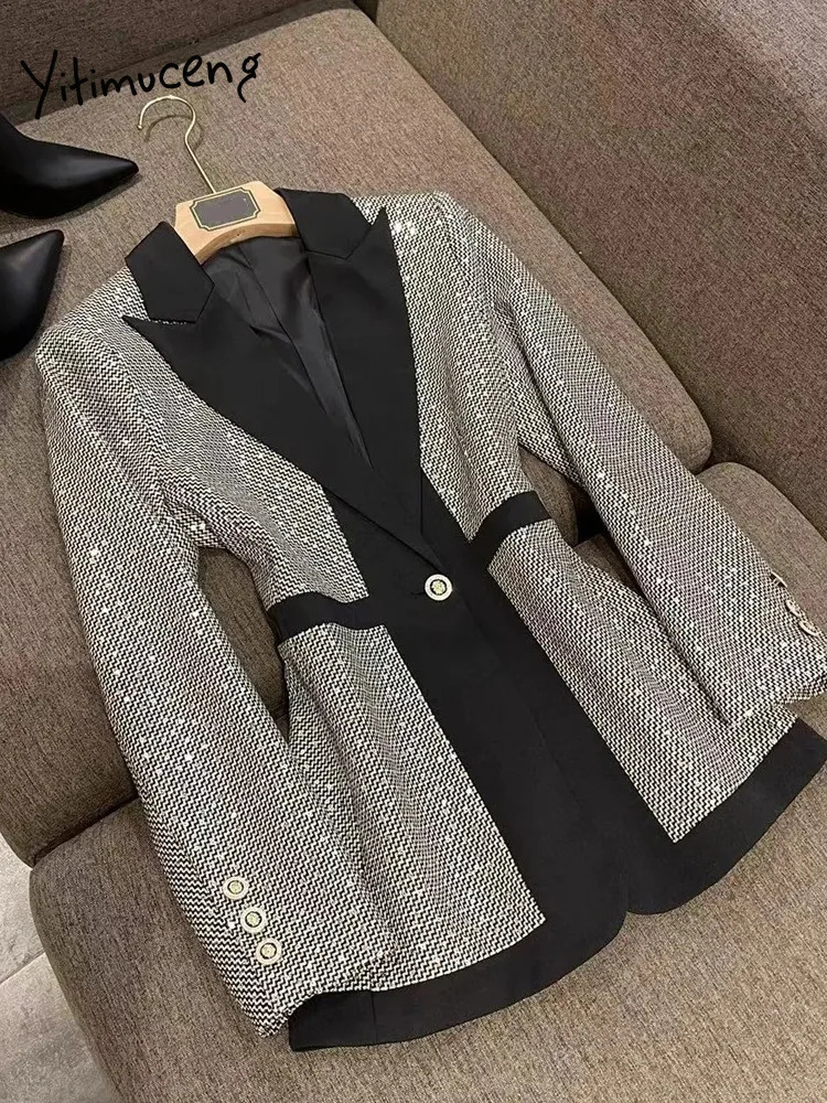 Yitimuceng Sequins Women Suits Office Sets Fashion Slim Single Button Turn Down Collar Blazers Vintage Flare Pants 240423