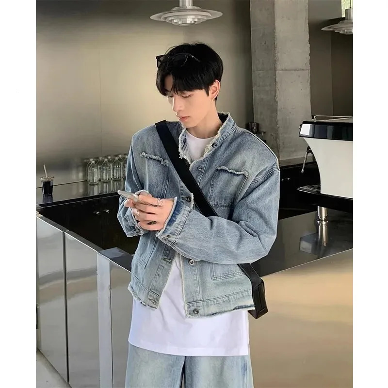 Autumn Denim Set Men Denim Jacket Wide Leg Straight Jeans Casual Loose Solid Color Korean Style Street Stand Collar 2pcs Suit 240429