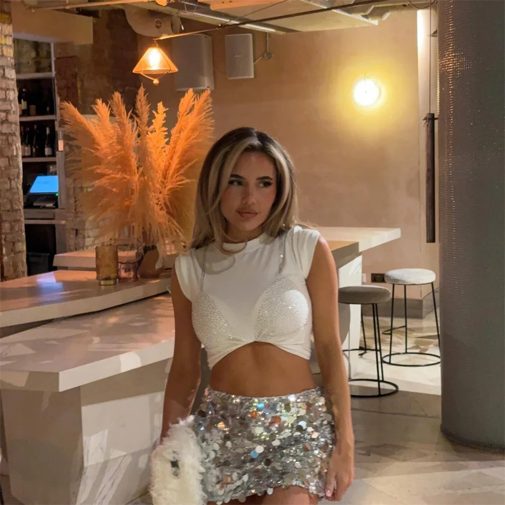 UNIZERA Spring Womens Wear French High Waist Casual Vintage Sequin Mini Skirt Fashion Short Skirt 240506
