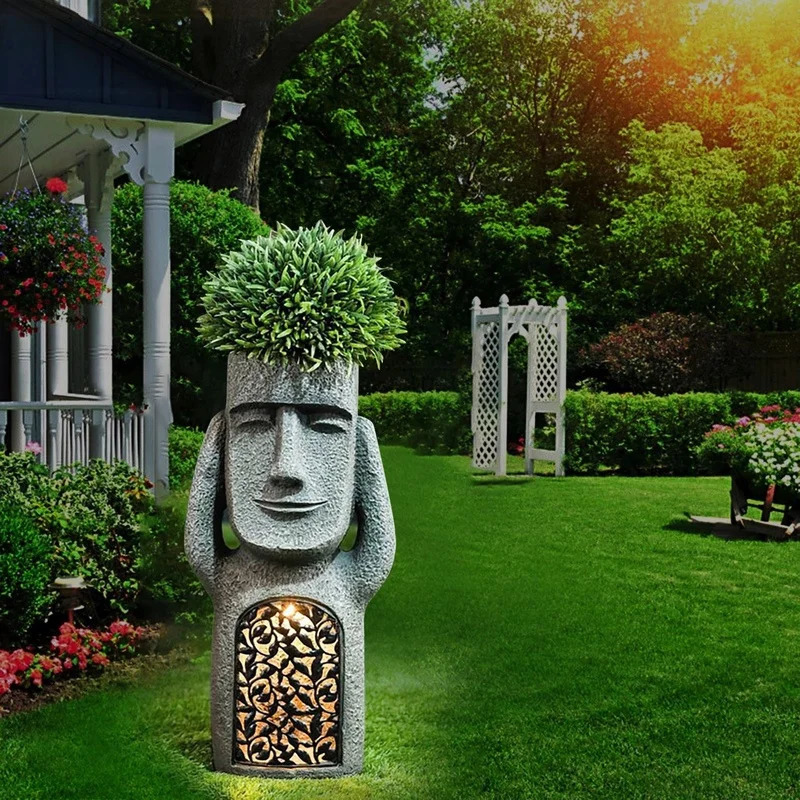Easter Island Garden Statues Resin See Hear Speak No Evil Garden Ornaments Solar Home Sculpture Outdoor Decoration Sculptures 240511