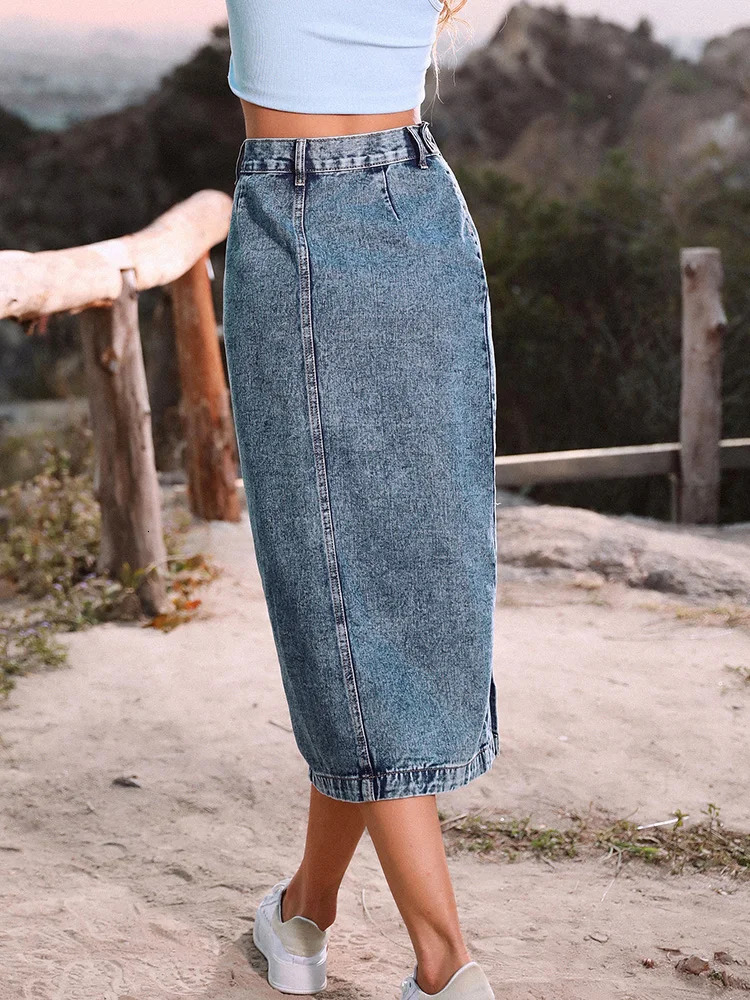 Benuynffy Sexy Streetwear Button Women Skirt Autumn Winter Elegant Denim Skirt Female High Waist Casual Bodycon Long Skirts 240506