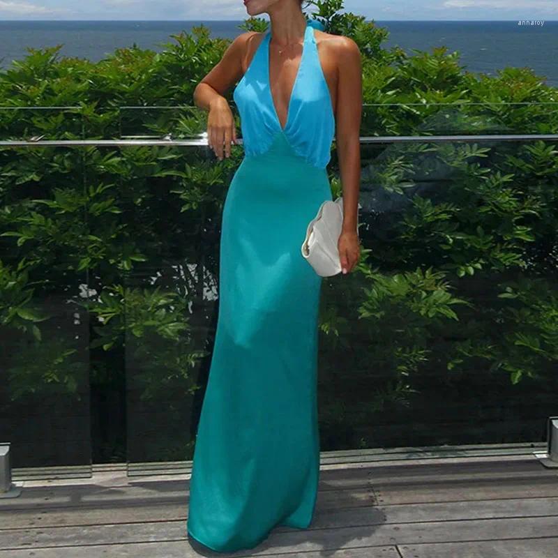 Casual Dresses 2024 Summer Lady Halter Hollow High Waist Dress Sexy Off Shoulder Long Fashion Color Blocking Slim Womens Evening