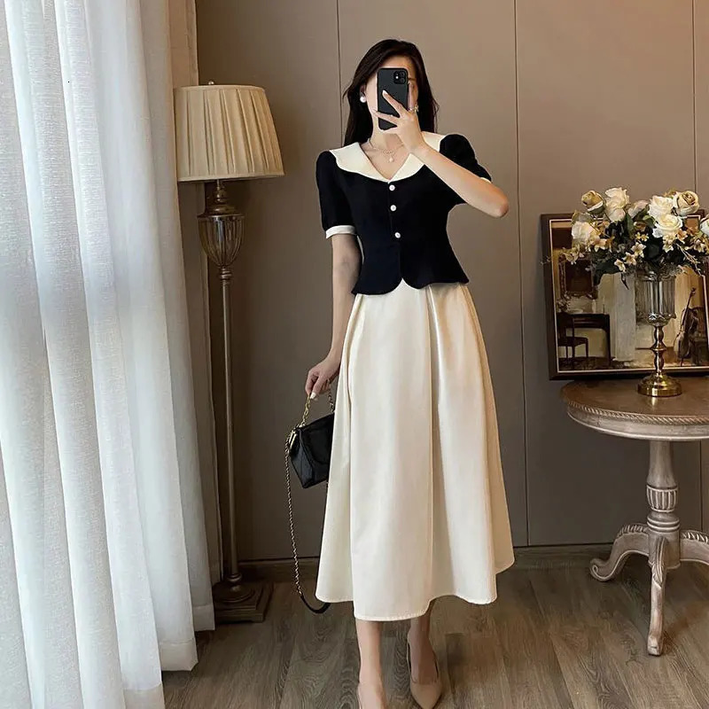 Summer Elegant Women Skirt Sets Retro Office Lady Outifits Puff Sleeve Black Top A Line Skirts Korean Fashion Sweet Hepburn Suit 240423