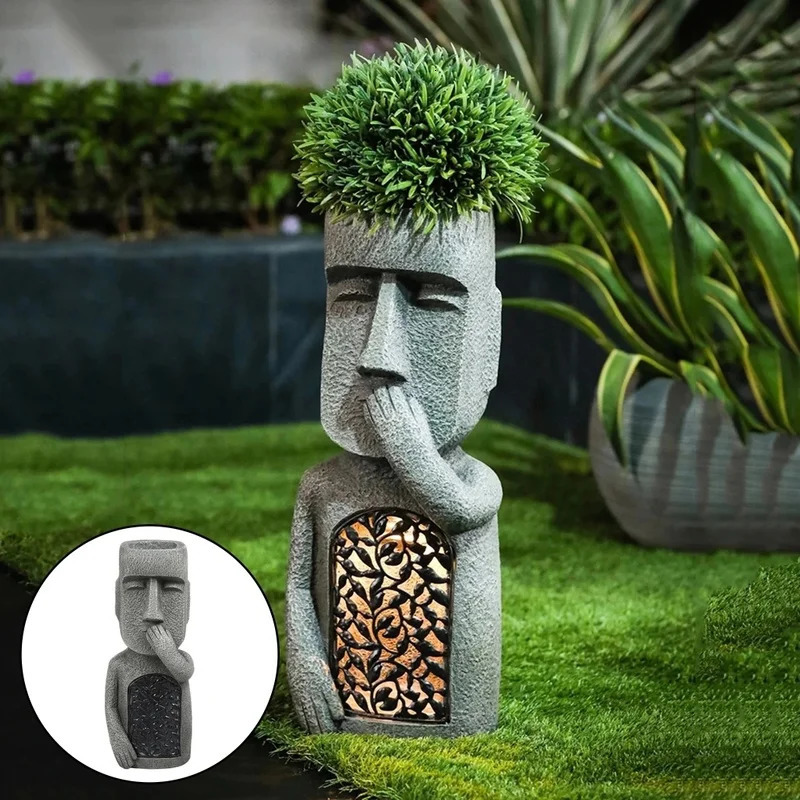 Easter Island Garden Statues Resin See Hear Speak No Evil Garden Ornaments Solar Home Sculpture Outdoor Decoration Sculptures 240511