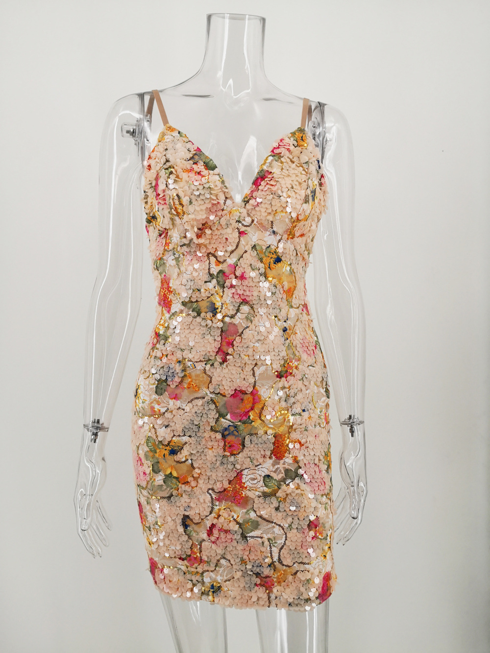 vestido Womens sequin print dress sexy suspender skirt party banquet evening dress Sexy Strappy Backless Stretch Printed Sequin Dress Floral Sequin Mi