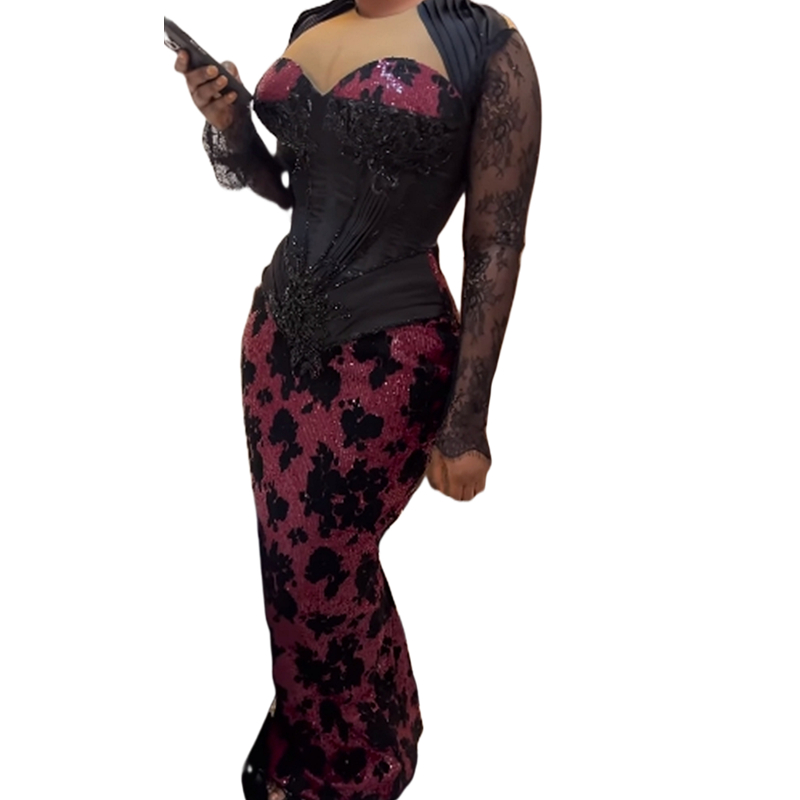 2024 Glitter Sequins Sheath Long Prom Dresses Black Lace Appliques Beaded Corset Formal Evening Gowns Long Sleeves Black Girls Pageant Dress Special O