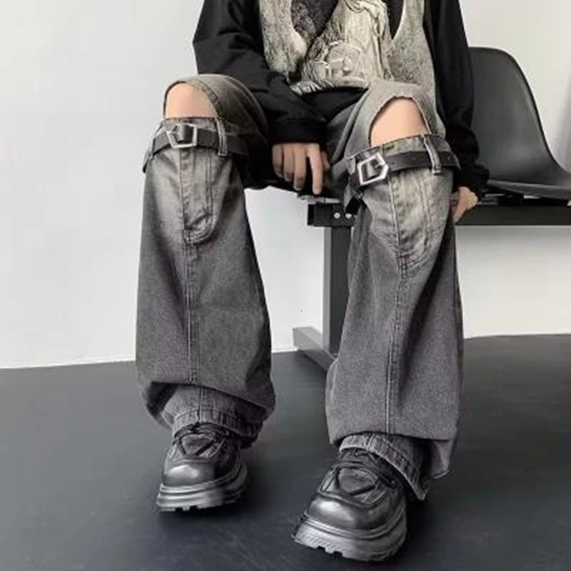 Mens Jeans Vintage Knee Destroyed Ripped Jeans streetwear Slim fit Pants beggar Hole Hip Hop denim trousers Men y2k jeans 240429