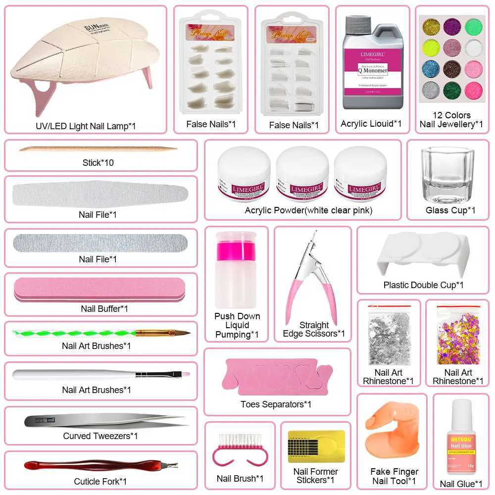 Nail Art Kits Acrylic Powder and Liquid Monomer Nail Set Nail Art Decoration Manicure Set Kit Crystal Nail Tips Carving Tools Kit T240510