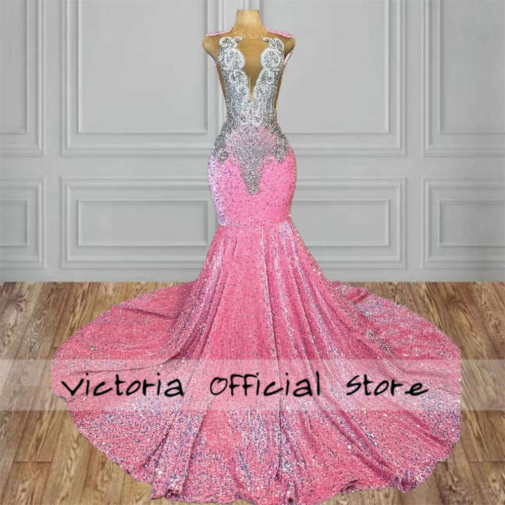 Pink Veet Sequin Sier Rhie Long Gowns For Black Girls Beaded Dia African Mermaid Prom Dresses 2024 0228Lz