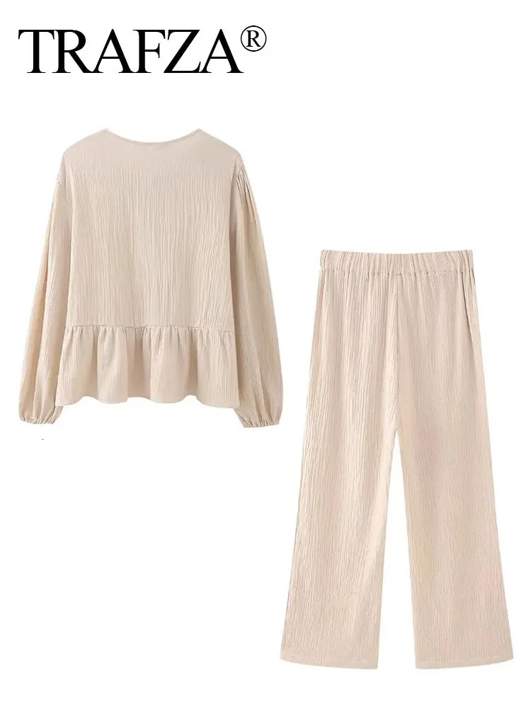 TRAFZA Shirts Pant Sets For Women Elegant Solid Long Sleeve ONeck Lace Up Blouse Loose Trousers Suit Spring Casual Outfit 240423