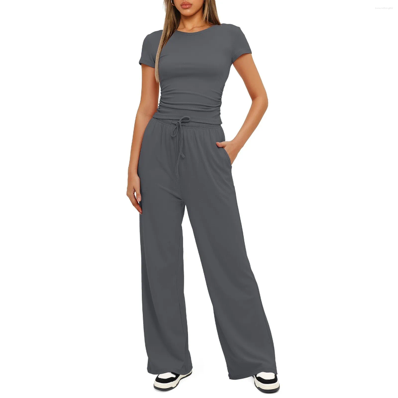 Two Piece Sets Women 2 Outfits , Short Sleeve Ruched Top And Wide Leg Pants Tracksuit