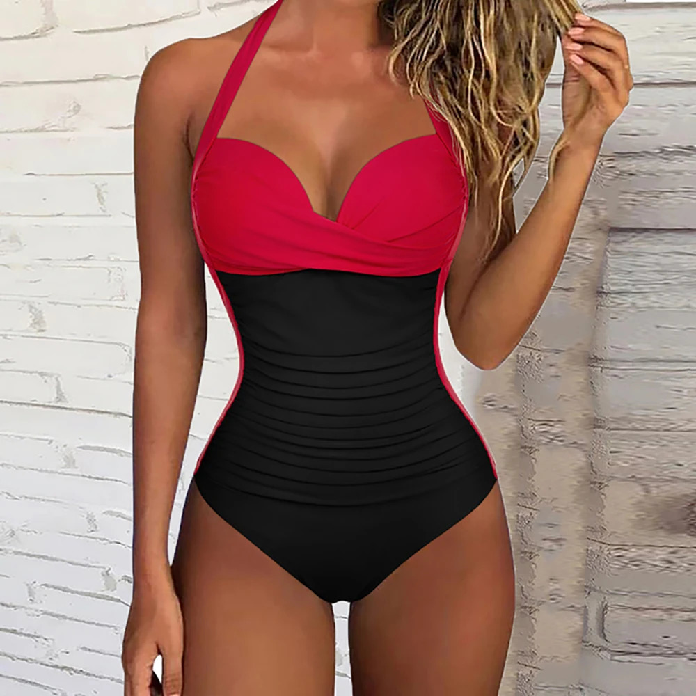 One Piece Swimsuit Women Push Up Bathing Suit Vintage Retro Womens Ruched Tummy Control Halter Swimwear Female 240508