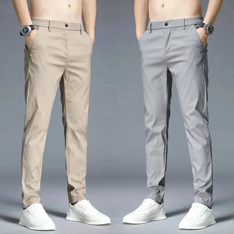 Summer Ultra-thin Mens Casual trousers Slim Straight Elastic Ice Silk Sports Jogging Pants Fashion Korean Black Khaki Green 240513