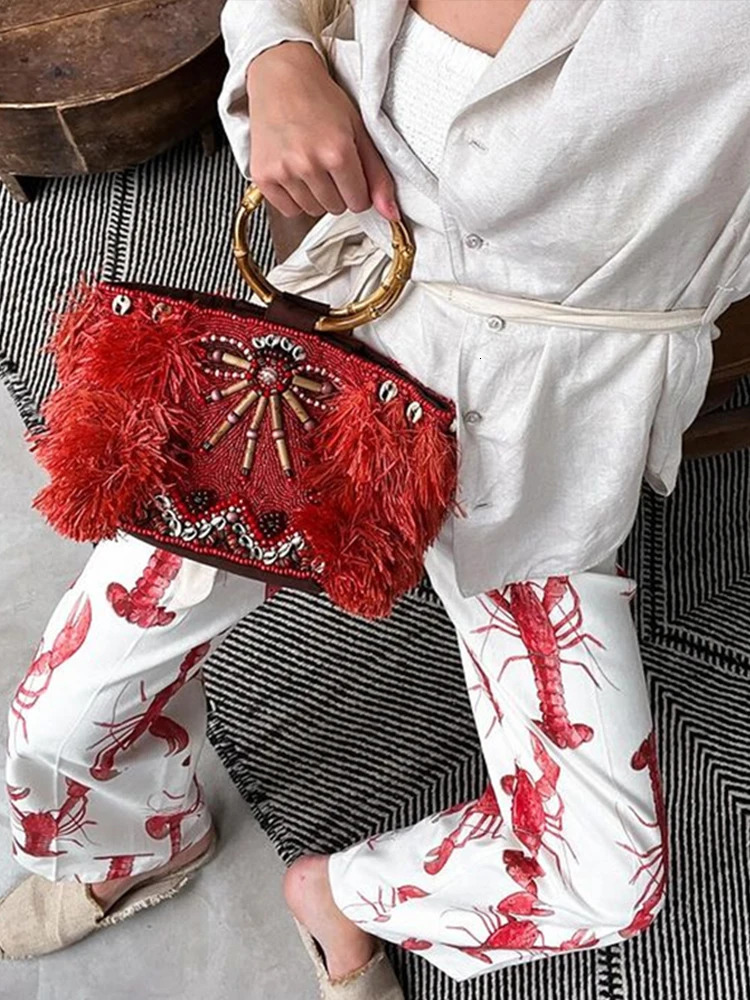 Printed Lobster Women Shirts Suits Lace Up Short Sleeve Top High Waist Wide Leg Pant Set Summer Street Print Lady Outfits 240506