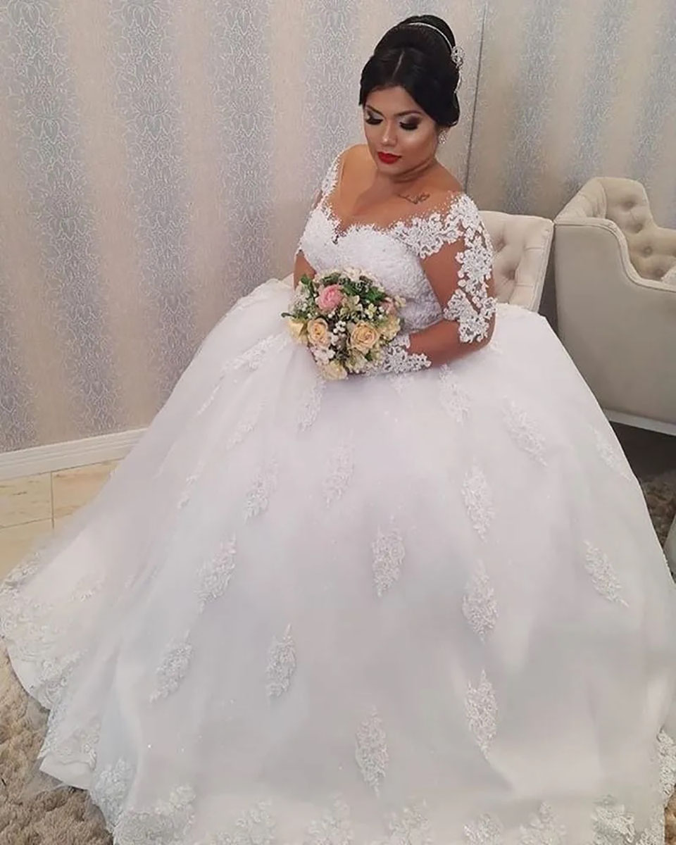A-E Dresses Scoop Neck Long Sleeves Illusion Lace Appliques Country Beach Wedding Dress Bridal Gown Robe Mariage Vestido De Novia 0219