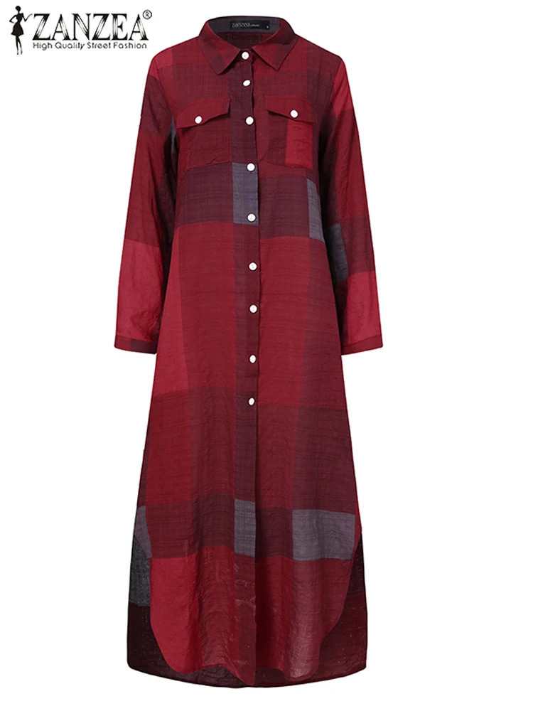 Autumn Elegant Women Maxi Shirt Dresses ZANZEA Vintage Ladies Long Sleeve Vestidos Casual Plaid Robe Longue 240512CJ