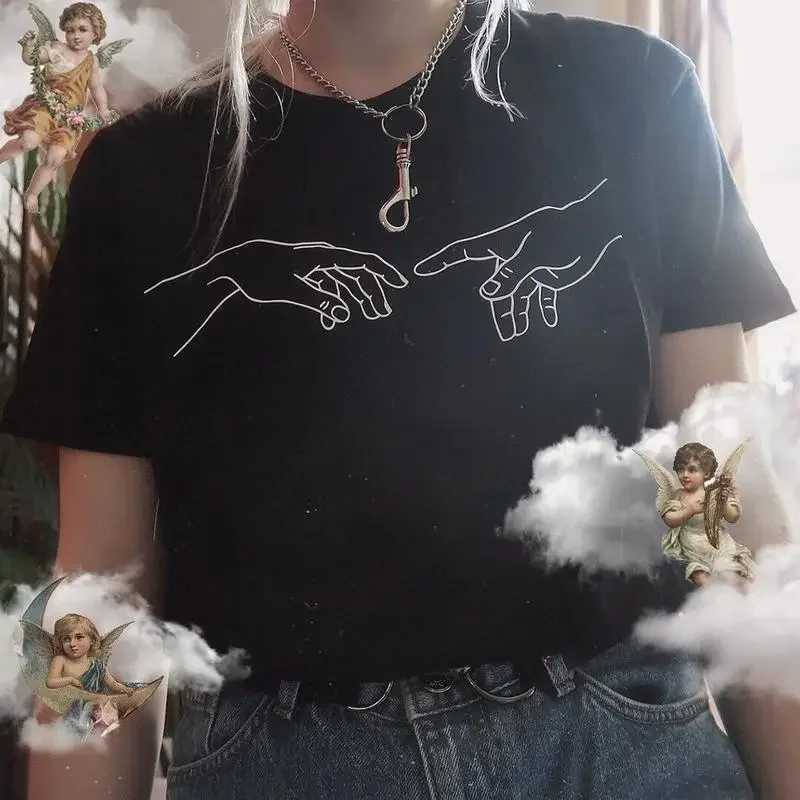 Women's T-Shirt Y2k Short Slves Summer T-shirt Fashion Michelangelo Hands Creation of Adam Printed Tops Grunge Graphic T Casual Black T Y240509