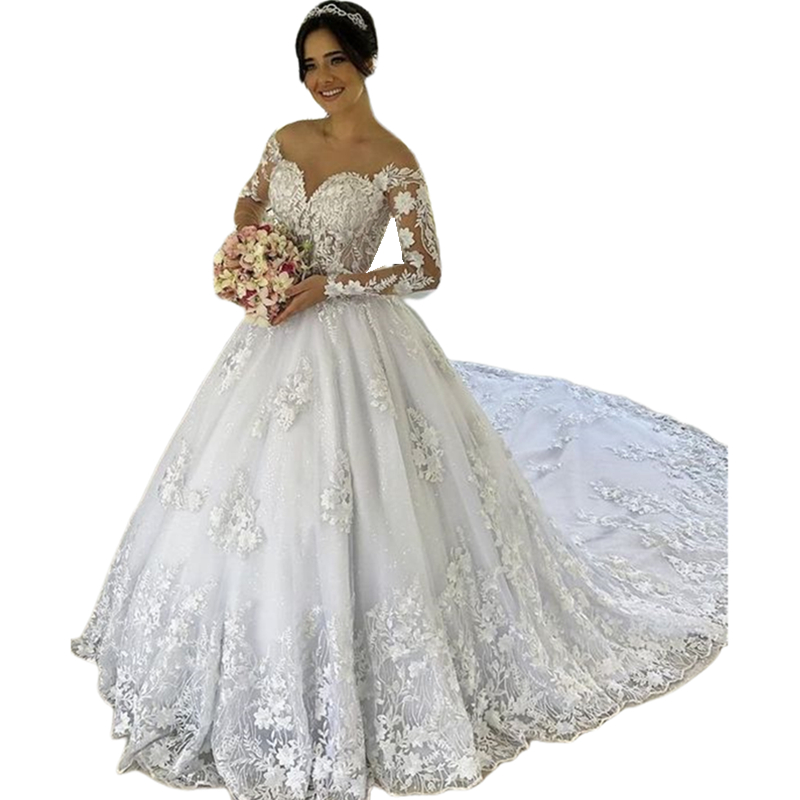 2024 Pretty Lace Ball Gown Wedding Dresses Long Sleeves Chapel Ball Gown Bridal Dress Sheer Jewel Neck Ivory Princess Robe De Mariee