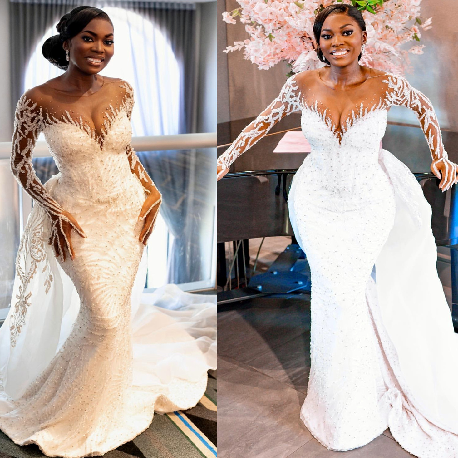 Aso Ebi 2024 Ivory Mermaid Wedding Dresses Beaded Crystals Lace Vintage Detachable Train Bridal Gowns Dress ZJ001