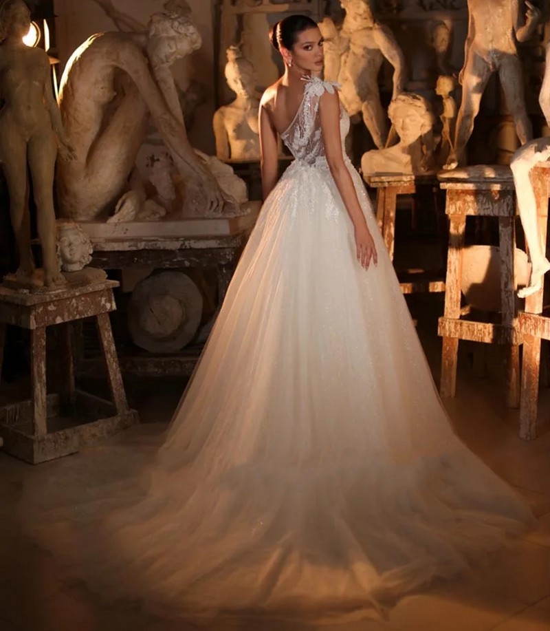 2025 Wedding Dress With Detachable Train One Shoulder Long Sleeve Beading Sequins Lace 3D Flower Bridal Gown Vestidos De Novia Customed