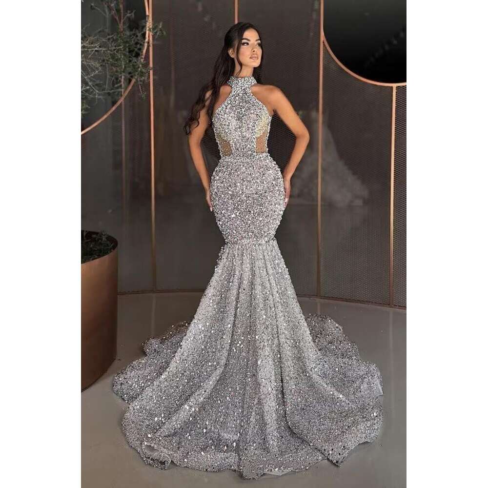 Mermaid Halter Sequin Prom Dresses 2024 Long Sparkly Beaded Sexy Sheer Sheath Formal Evening Party Gowns with Train