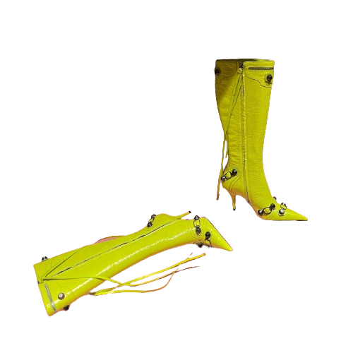 Cagole stud buckle embellished texturedleather heels knee boots side zip shoes pointed