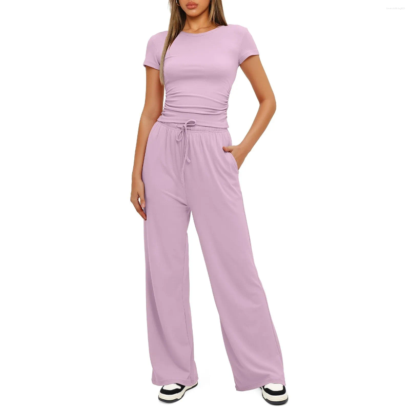 Two Piece Sets Women 2 Outfits , Short Sleeve Ruched Top And Wide Leg Pants Tracksuit