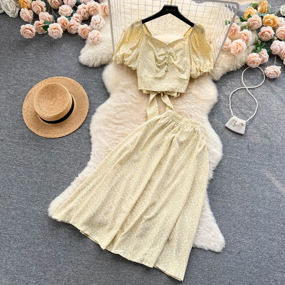 Fashion Floral Print Women Suits Short Puff Sleeve Lace Up Mini TopElastic Waist Loose A Line Skirt Summer Sweet Sets 240423