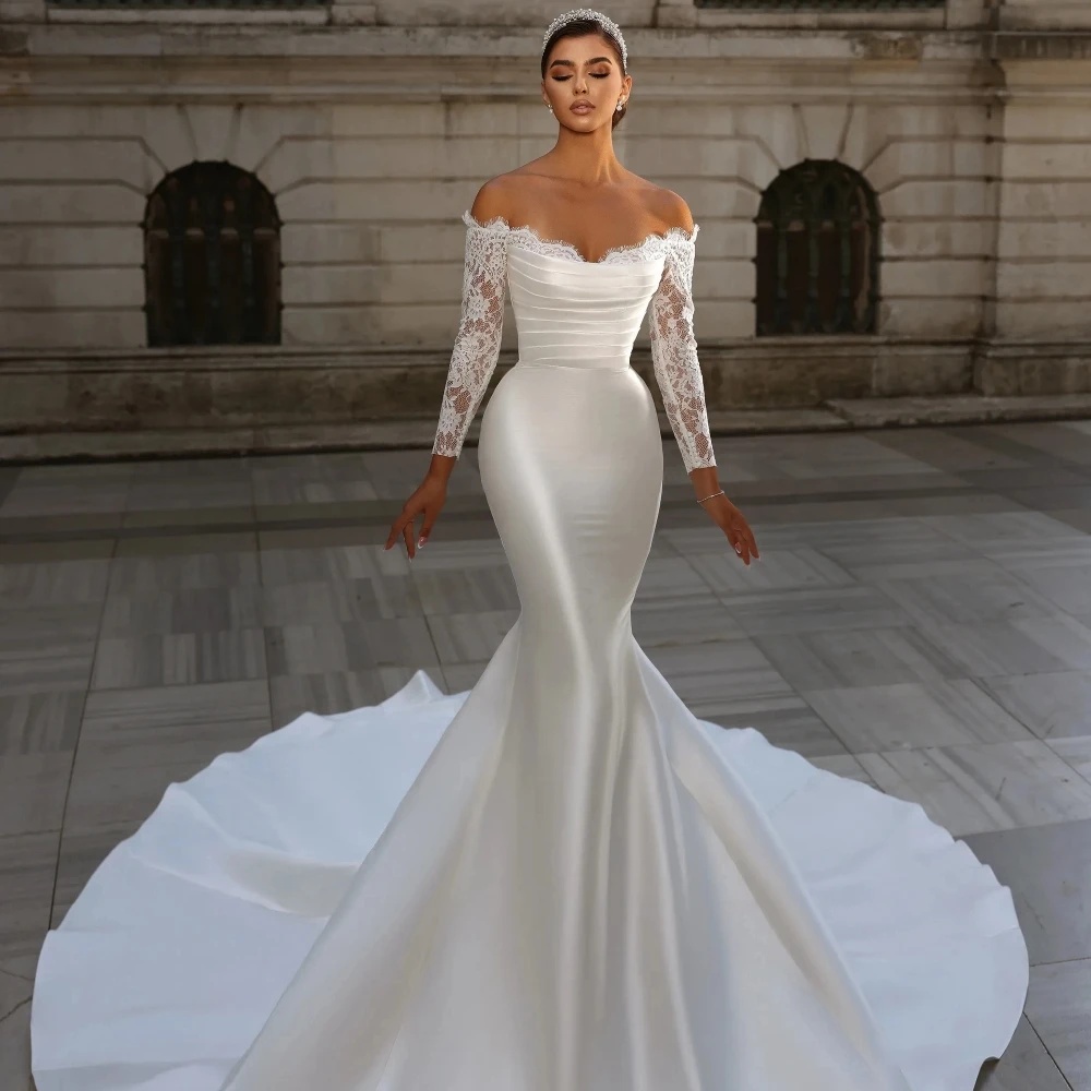 Simple Mermaid Wedding Dresses Off Shoulder Lace Bridal Gowns With Detachable Train Long Sleeve Custom Made Bride Dress Vestidos De Novia 0218