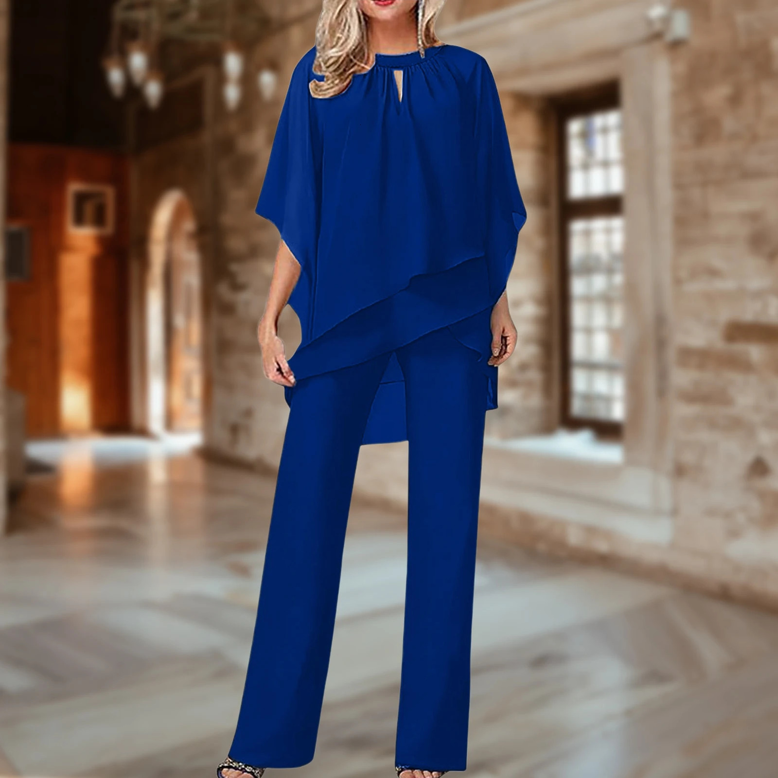 Women Asymmetrical Hem Top Pant Suit Fashionable Solid Color Pullover Trouser Jumpsuits Soft Loose Fit Ladies Casual Wear 240423