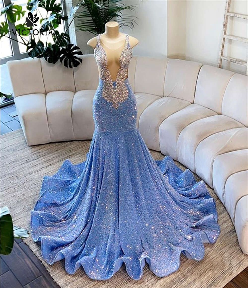 Pretty Blue Spaghetti Black Girl Prom Dress For Special Crystal Gillter Mermaid Birthday Reception Gown Robe De Bal 0228Lz