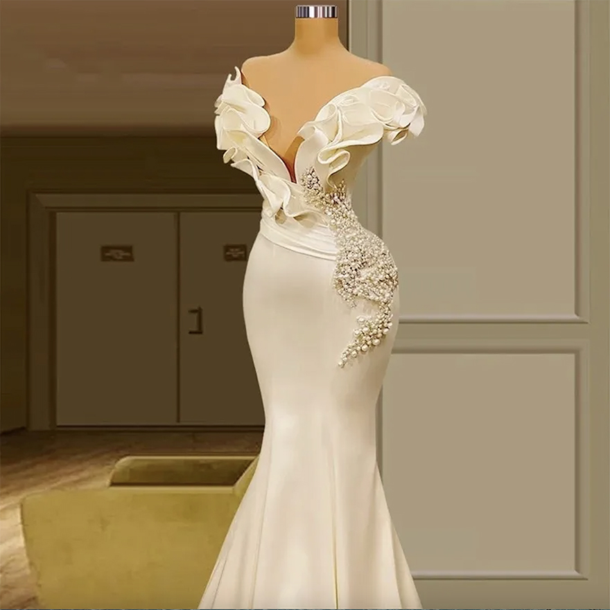 Dubai Saudi Arabia Pearls Mermaid Wedding Dresses Sexy Off The Shoulder Elegant Ivory Satin Ruffles Bridal Gowns Vintage Boho Country Bride Reception 