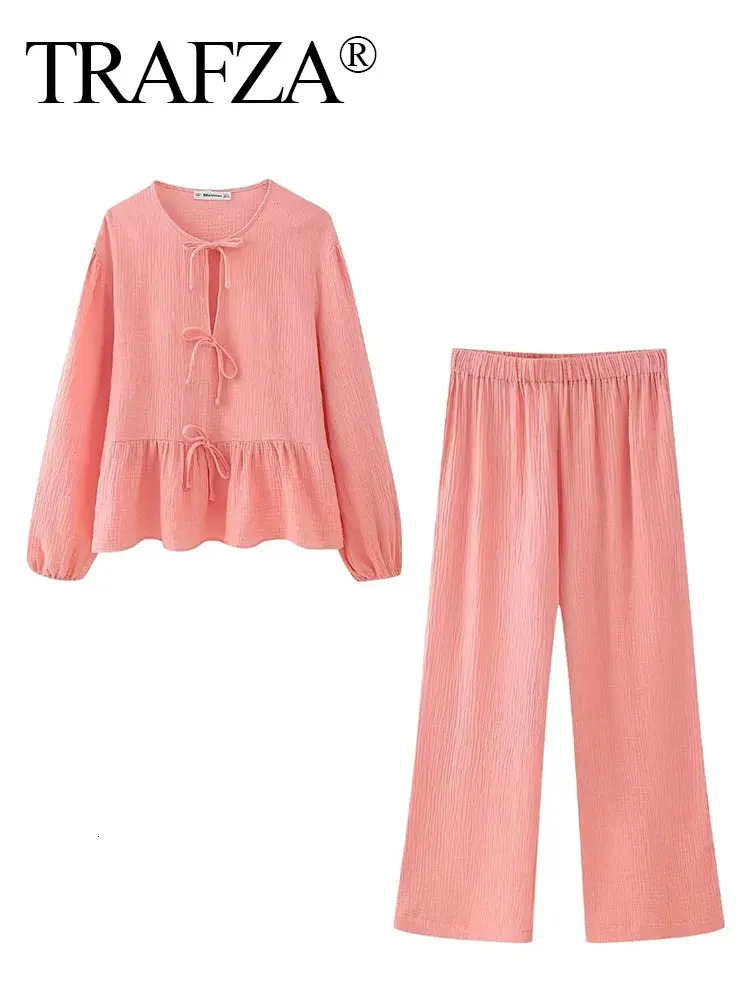 TRAFZA Shirts Pant Sets For Women Elegant Solid Long Sleeve ONeck Lace Up Blouse Loose Trousers Suit Spring Casual Outfit 240423