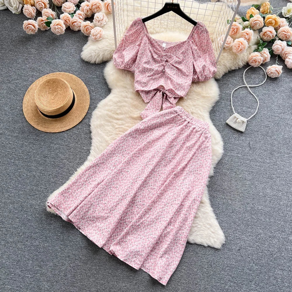 Fashion Floral Print Women Suits Short Puff Sleeve Lace Up Mini TopElastic Waist Loose A Line Skirt Summer Sweet Sets 240423