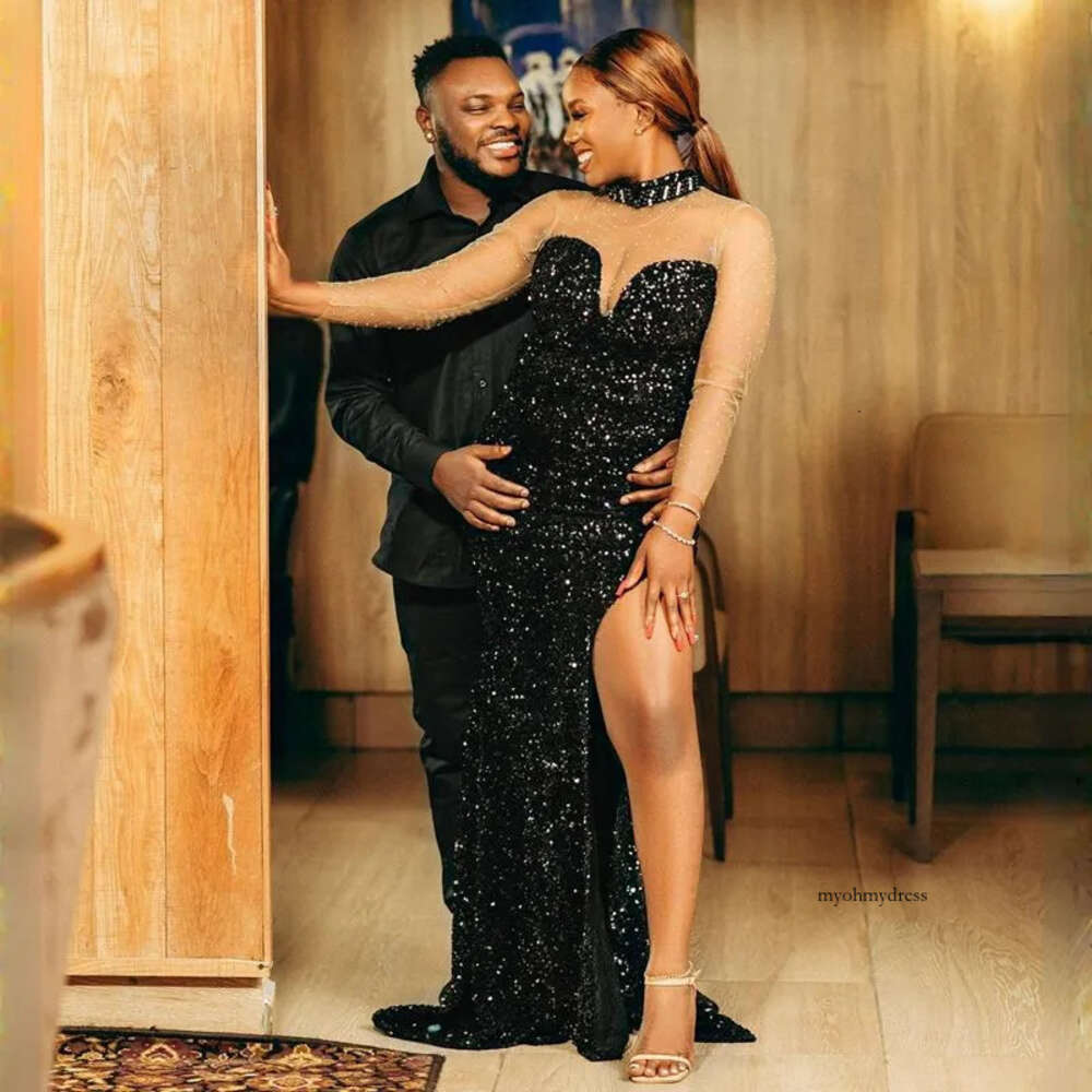 2024 Arabic Prom Dresses Black Beaded Crystals High Neck Sequined Lace Long Sleeves Evening Dress Mermaid Side Split Formal Party Gowns 0513