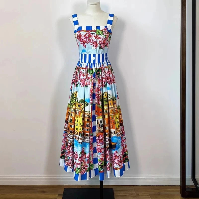 Summer Holiday Spaghetti Strap Dress Runway Women Single Breasted Buttons Up Flower Print Beach Vacation Midi Vestidos Camisole 240508