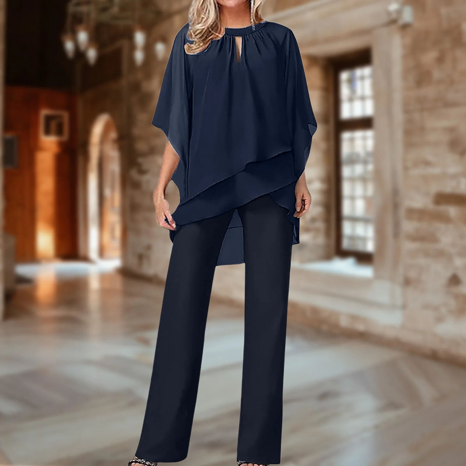 Women Asymmetrical Hem Top Pant Suit Fashionable Solid Color Pullover Trouser Jumpsuits Soft Loose Fit Ladies Casual Wear 240423